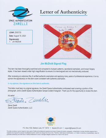 Lot #4081 Apollo 9 Flown Florida Flag Signed by Jim McDivitt - Image 4