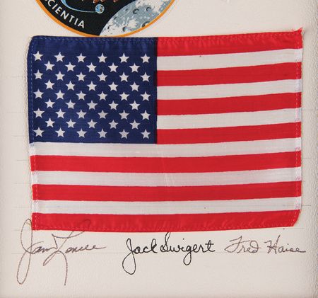 Lot #4216 Apollo 13 Crew-Signed Presentation with Flag, Beta Patch, and Netting [Attested as Flown by Bill Whipkey] - Image 2