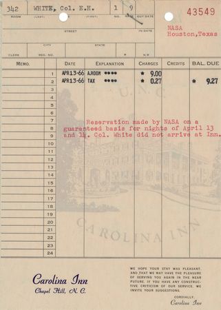 Lot #4059 Edward H. White II Autograph Note Signed on Hotel Booking for Celestial Navigation Training - Image 2