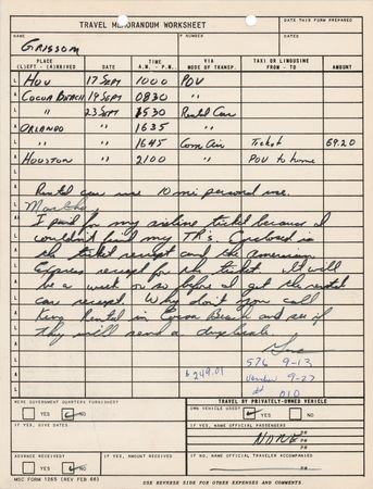 Lot #4053 Gus Grissom Autograph Document Signed - Travel Memorandum Worksheet - Image 1