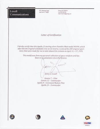 Lot #4226 James Lovell's Apollo 13 Franklin Mint Medal - Image 3