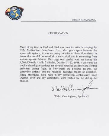 Lot #4060 Apollo 7 Flown CSM Malfunctions Checklist Page Signed by Walt Cunningham - Image 4