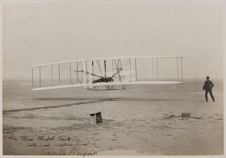 Lot #4422 Orville Wright Signed Photograph of Man's First Flight - Presented to His Longtime Personal Secretary, Mabel Beck - Image 1