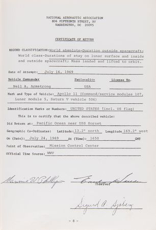 Lot #4095 Apollo 11 Official NAA/FAI ‘Manned Spacecraft Records’ Report Booklet - One of Three Issued by the United States - Image 13