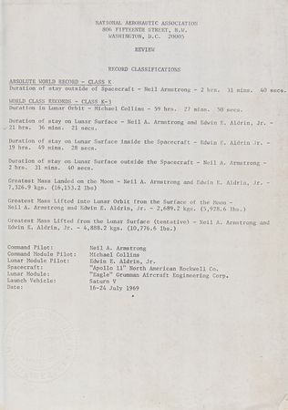 Lot #4095 Apollo 11 Official NAA/FAI ‘Manned Spacecraft Records’ Report Booklet - One of Three Issued by the United States - Image 14