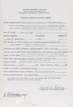 Lot #4095 Apollo 11 Official NAA/FAI ‘Manned Spacecraft Records’ Report Booklet - One of Three Issued by the United States - Image 7