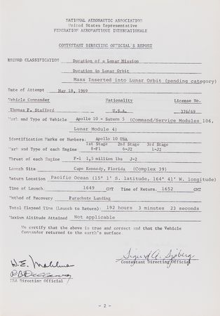 Lot #4084 Apollo 10 Official NAA/FAI ‘Manned Spacecraft Records’ Report Booklet - Image 3