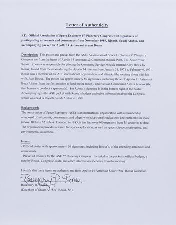 Lot #4318 Stuart A. Roosa's 5th Planetary Congress Multi-Signed Poster with Aldrin, Collins, Leonov, Cunningham, and More - Image 3