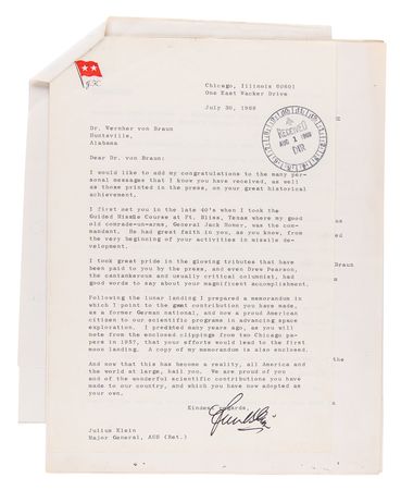 Lot #4358 [Wernher von Braun] Congratulatory Letter from U.S. Army Major General Julius Klein on the Recent Apollo 11 Mission - Image 1