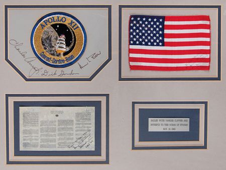 Lot #4161 Apollo 12 Display with (2) Flown Artifacts - American Flag and UN Space Treaty - Image 1
