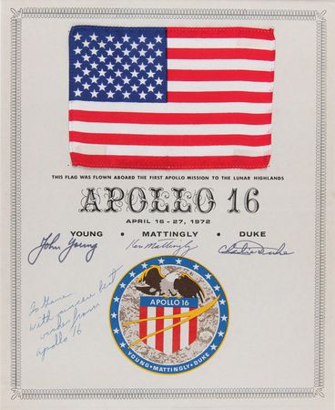 Lot #4276 Apollo 16 Flown Flag with Crew-Signed Certificate - Image 1