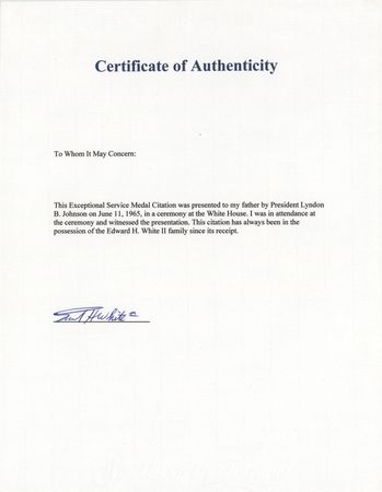 Lot #4026 Edward H. White II's NASA Exceptional Service Medal Certificate, Awarded by LBJ - Image 4