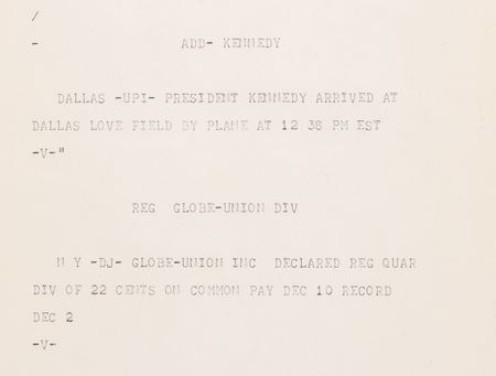 Lot #208 Kennedy Assassination: Dow Jones Ticker Tape from November 22, 1963: 