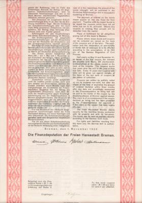 Lot #327 German Bond: Staatsanleihe von 1922 der Freie Hansestadt Bremen Schuldverschreibung - Image 2