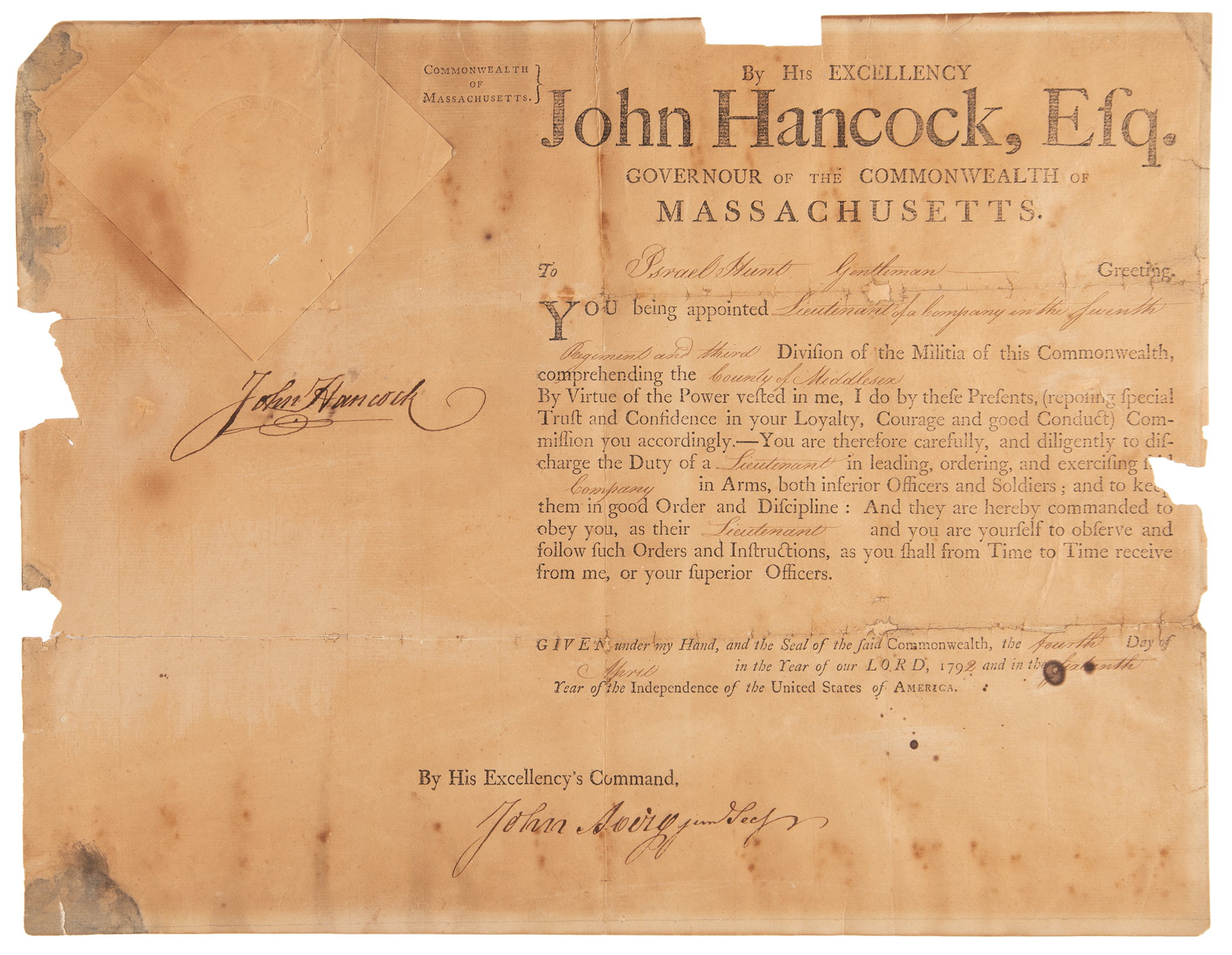 Lot #216 John Hancock Document Signed as Governor of Massachusetts - Image 1