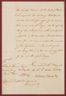 Lot #482 Horatio Nelson Letter Signed Onboard the HMS Victory, Sending Secret Dispatches to Naples: 