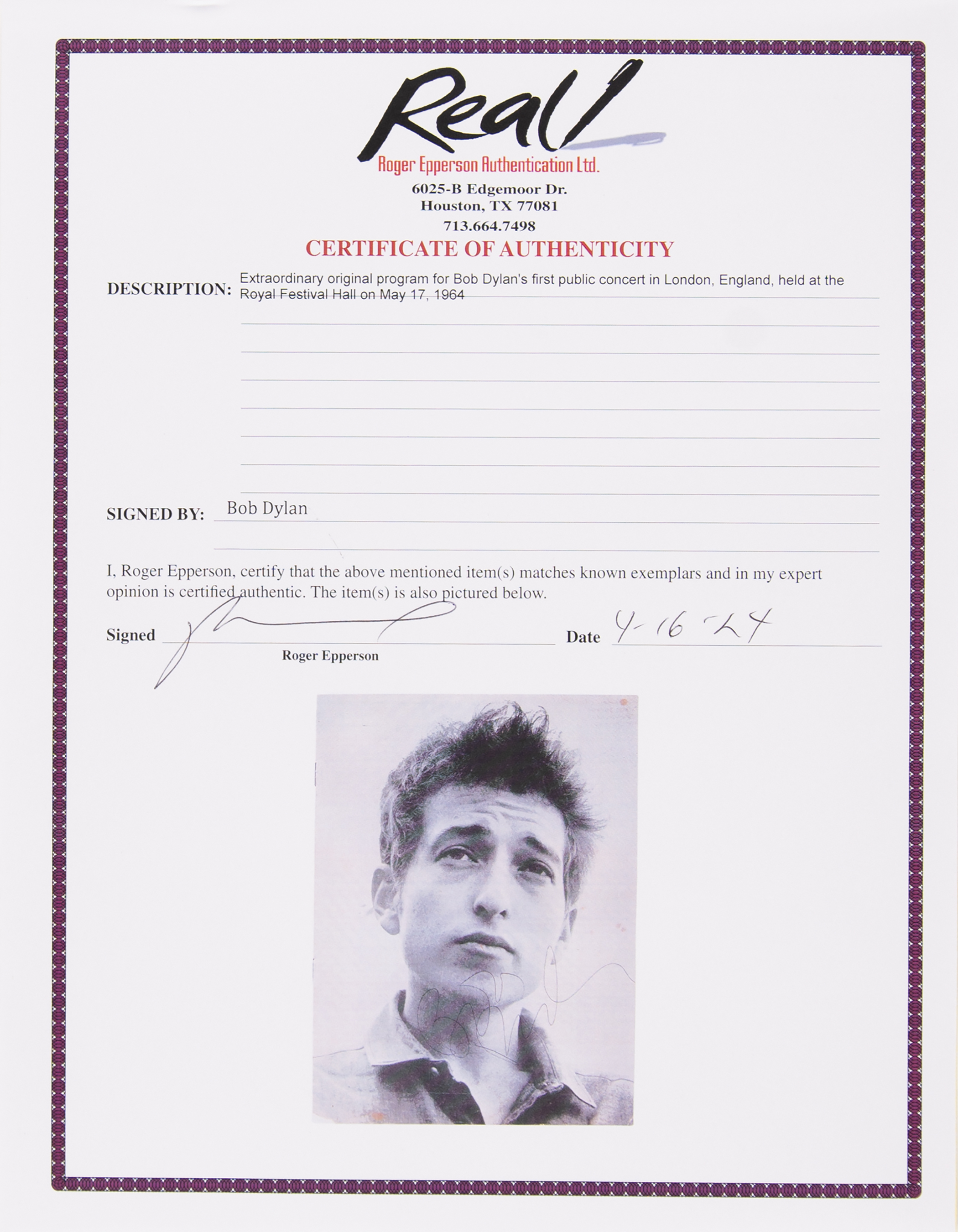 Lot #5063 Bob Dylan Extremely Rare Signed 1964 London Concert Program - His 1st UK Appearance - Image 6