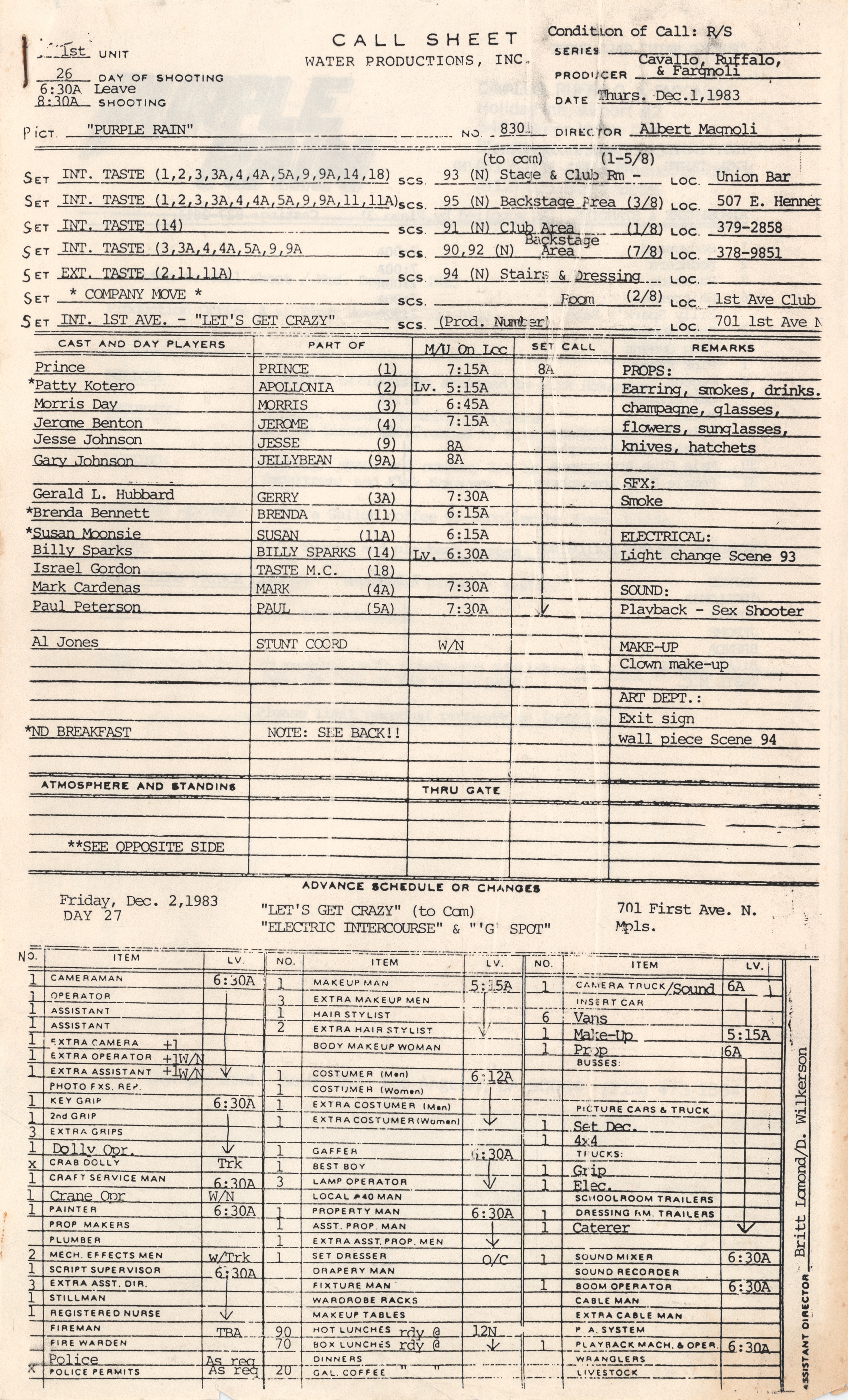 Lot #5253 Prince Purple Rain First Draft Script with Original Shooting Schedule and (25+) Pages of Production-Related Documents - Image 12