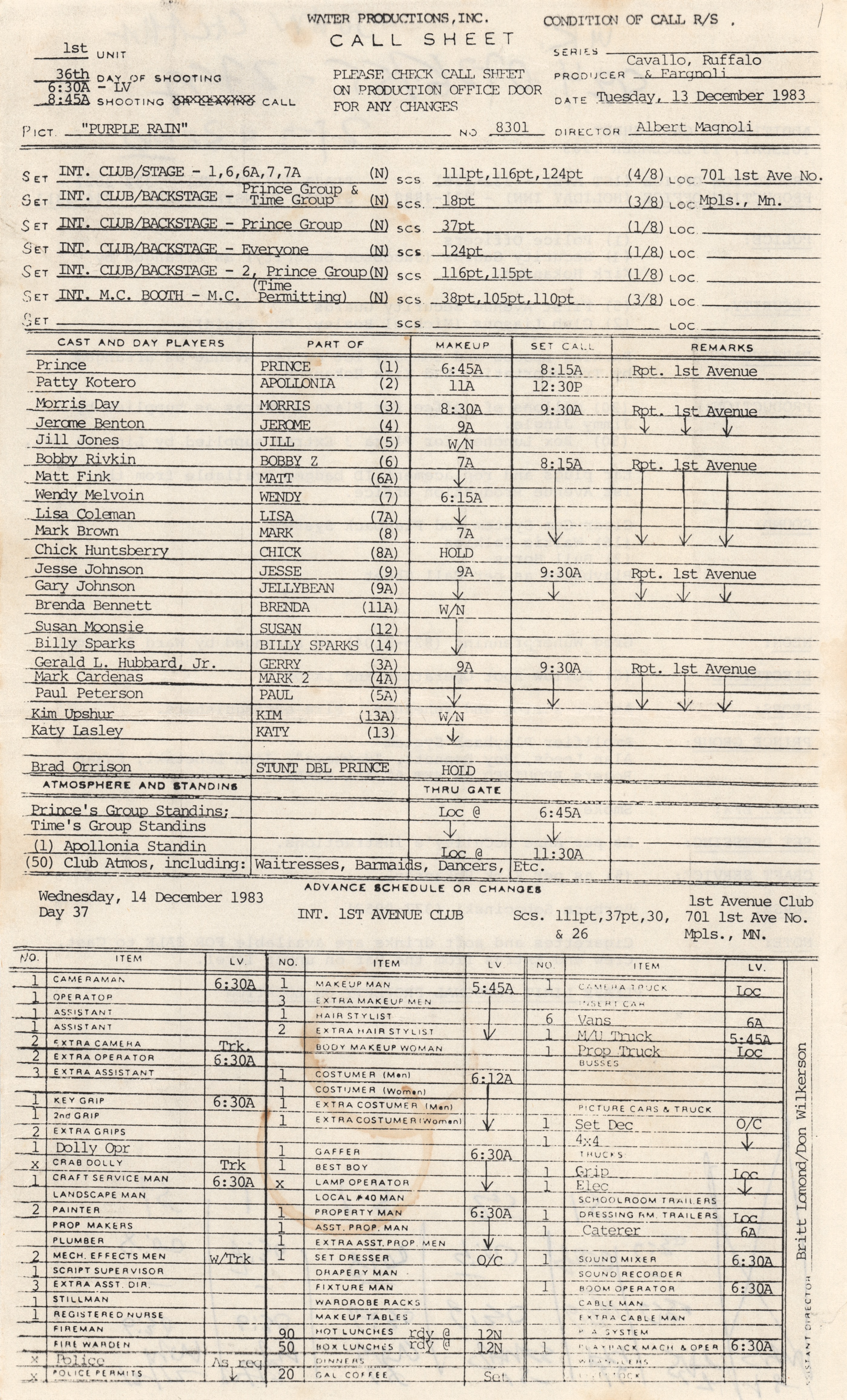 Lot #5253 Prince Purple Rain First Draft Script with Original Shooting Schedule and (25+) Pages of Production-Related Documents - Image 14