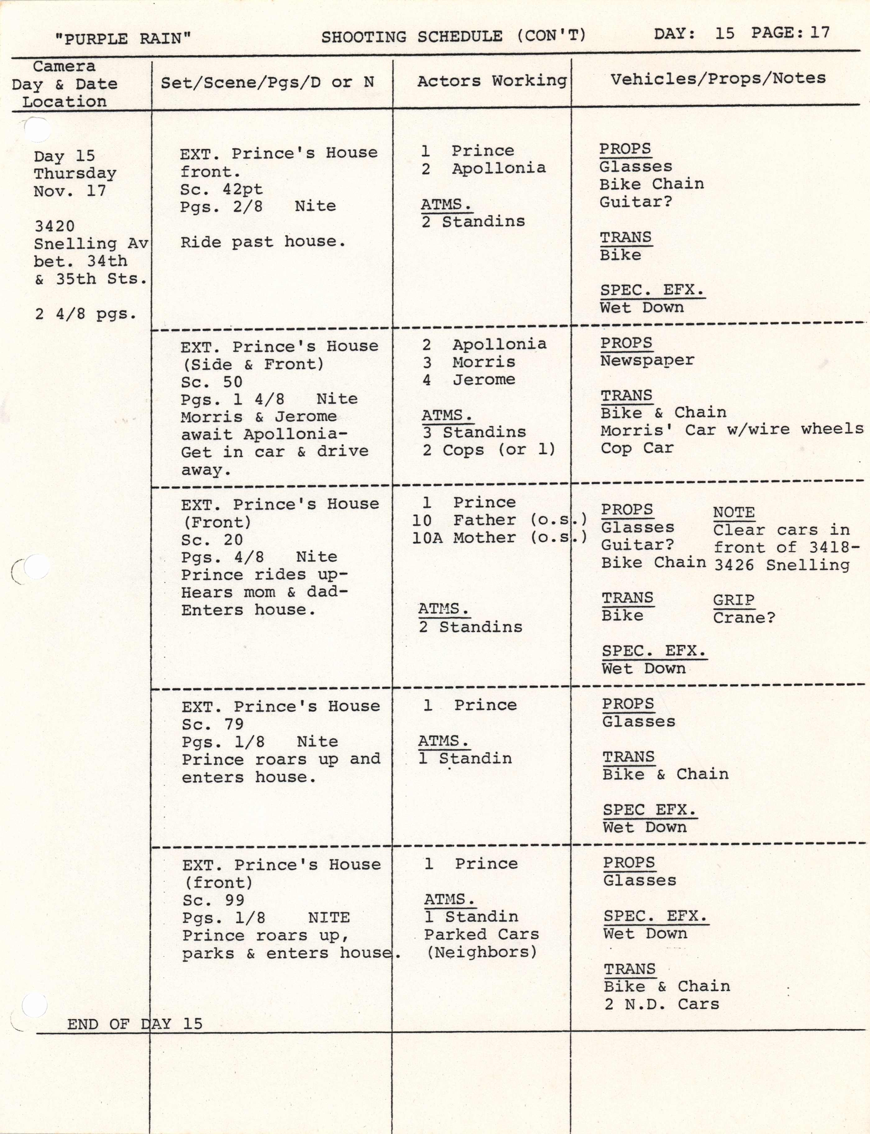Lot #5253 Prince Purple Rain First Draft Script with Original Shooting Schedule and (25+) Pages of Production-Related Documents - Image 9