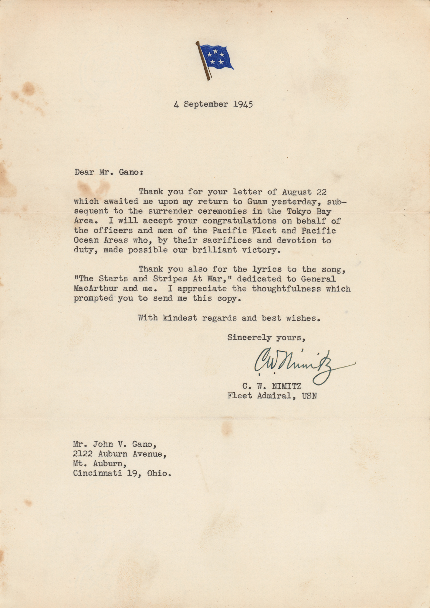 DB レターサイン Chester Nimitz Typed Letter Signed - Two Days After the