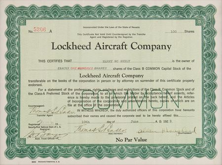 Lot #522 Lockheed Aircraft Company Stock Certificate - Image 2