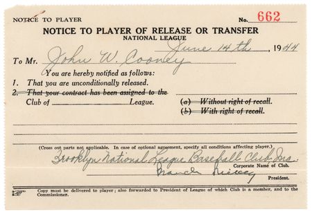 Lot #897 Branch Rickey Document Signed - National League Notice to Player of Release - Image 1