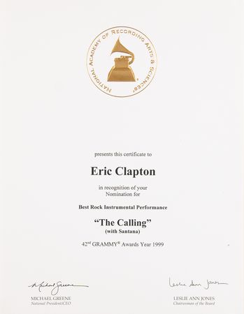 Lot #661 Eric Clapton Grammy Award Nomination - 'Best Rock Instrumental Performance' for ?The Calling' with Santana - Image 1