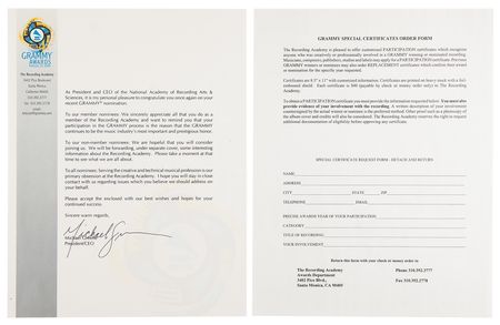 Lot #661 Eric Clapton Grammy Award Nomination - 'Best Rock Instrumental Performance' for ?The Calling' with Santana - Image 2