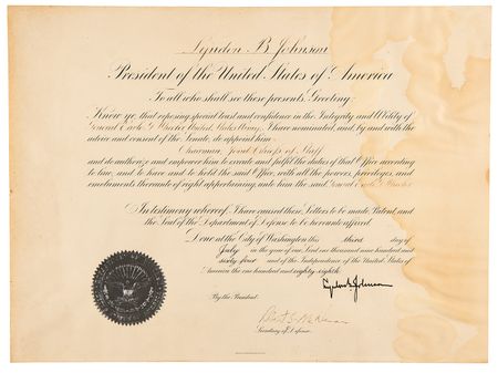 Lot #32 Lyndon B. Johnson Document Signed as President - Appointing General Earl Wheeler as Chairman of the Joint Chiefs of Staff - Image 1