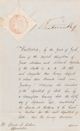 Lot #341 Queen Victoria Document Signed, Recognizing Chile's Consul in London - Image 2