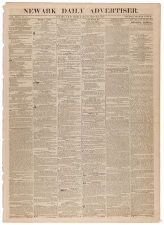Lot #157 Zachary Taylor: The Newark Daily Advertiser from March 6, 1849 - Full Text of His Inaugural Address - Image 1