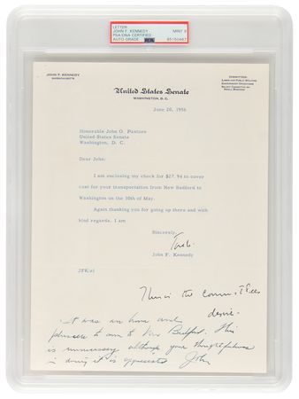 Lot #27 John F. Kennedy Typed Letter Signed as a Massachusetts Senator - PSA MINT 9 - Image 1