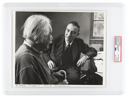 Lot #221 Robert Oppenheimer Signed Photograph with Albert Einstein, Taken by Alfred Eisenstaedt for Life Magazine - One of a Kind! - Image 1