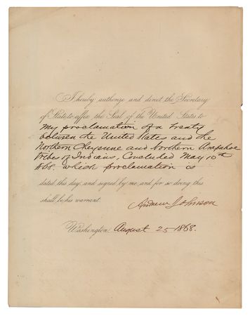 Lot #18 President Andrew Johnson Proclaims a Treaty with the Northern Cheyenne and Northern Arapahoe Tribes - Future Combatants at the Battle of the Little Bighorn - Image 1