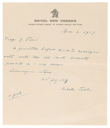 Lot #224 Nikola Tesla Autograph Letter Signed, Sent to a Serbian Veteran of WWI - Image 1
