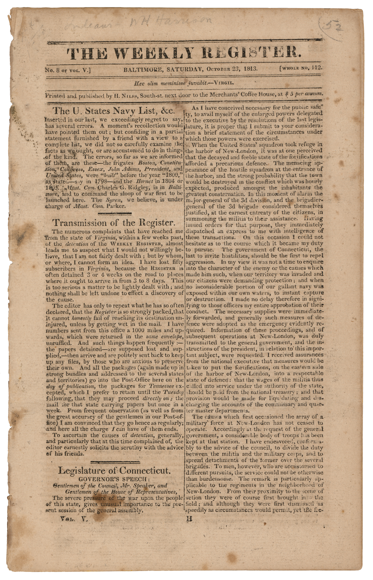 Lot 532 War of 1812: The Weekly Register (October 23, 1813)
