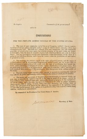 Lot #6 James Monroe Document Signed as Secretary of State, Giving Instructions for Engaging the Enemy - Image 1