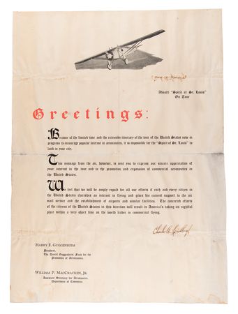 Lot #599 Charles Lindbergh Signed Poster Dropped from the Spirit of St. Louis - Image 1