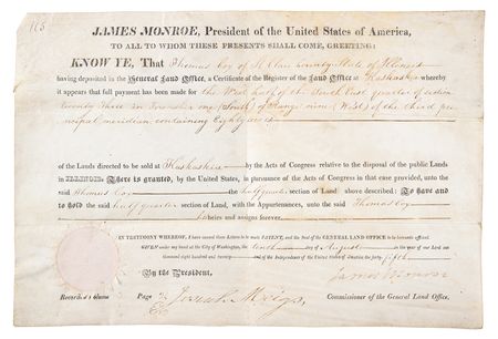 Lot #122 James Monroe Document Signed as President - Image 1