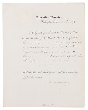 Lot #72 Grover Cleveland Document Signed as President, Sending Condolences on the Death of Czar Alexander III - Image 1