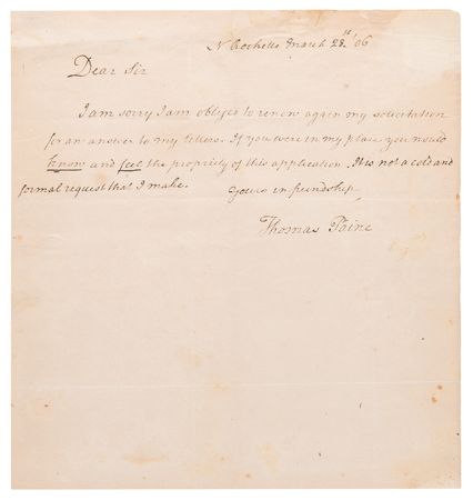 Lot #179 Thomas Paine Autograph Letter Signed - Likely to President Jefferson - Image 1