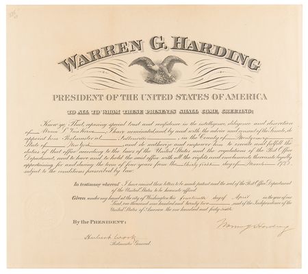 Lot #92 Warren G. Harding Document Signed as President - Image 1