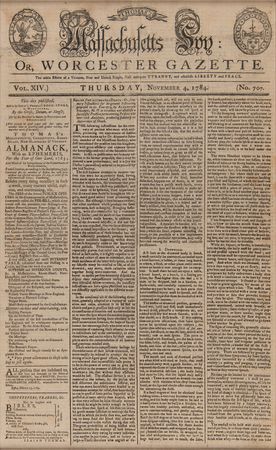 Lot #352 Paul Revere Engraved Masthead: Massachusetts Spy or, Worcester Gazette (November 4, 1784) - Image 2