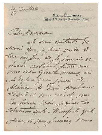 Lot #643 Mary Cassatt Autograph Letter Signed to Her Biographer - Image 1