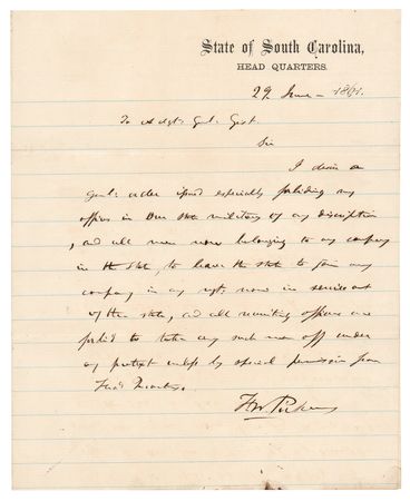 Lot #549 Francis W. Pickens Civil War-Dated Autograph Letter Signed to States Rights Gist, Forbidding Military Officers from Leaving South Carolina - Image 1