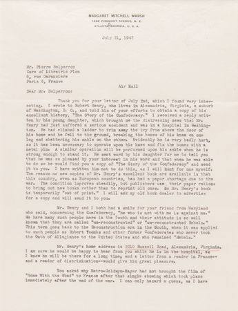 Lot #698 Margaret Mitchell Typed Letter Signed on the Confederacy, Reconstruction, Gone With the Wind, and WWII Shortages - Image 2