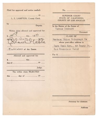 Lot #984 Clark Gable Document Signed for the Estate of Carole Lombard - Image 1