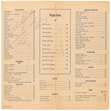 Lot #831 Frank Sinatra and Buddy Rich Signed Menu - Image 1