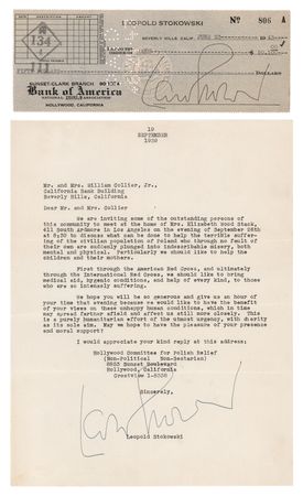 Lot #776 Leopold Stokowski Typed Letter Signed and Signed Check - Image 1